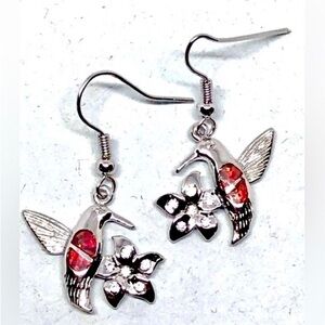 Red Fire Lab Opal Inlay Silver Tn Hummingbird White Crystal Flower Earrings NWOT